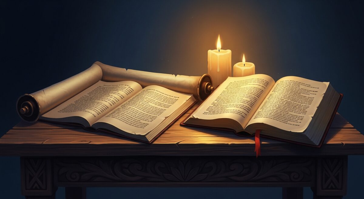 An open Scripture scroll and a worn Bible on a wooden table in warm candlelight