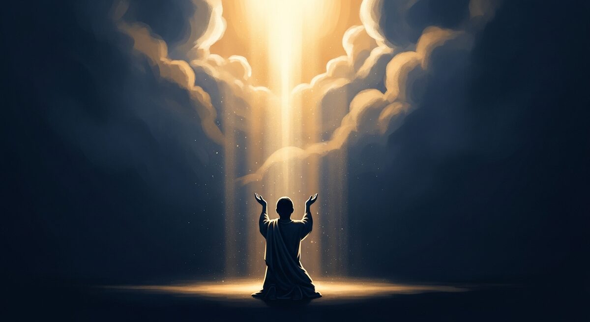 A figure kneeling with open hands lifted toward warm light breaking through clouds