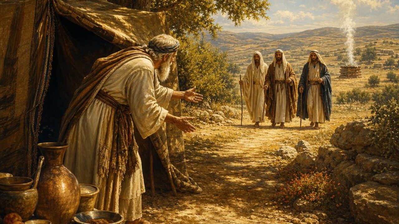Abraham hurrying from his tent door beneath the oaks of Mamre to welcome three travelers in the heat of the day, with a simple stone altar in the distance — a picture of the justice, mercy, and humble walk with God that Micah 6:8 describes