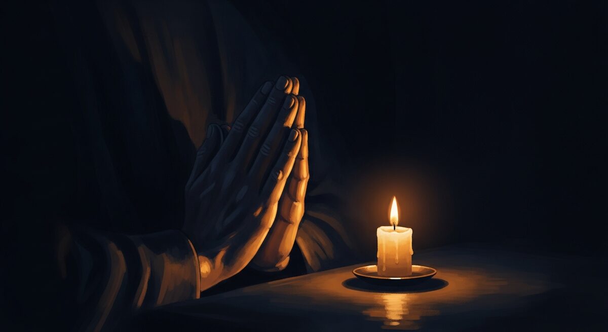 Hands gently folded in prayer beside a single lit candle in soft darkness